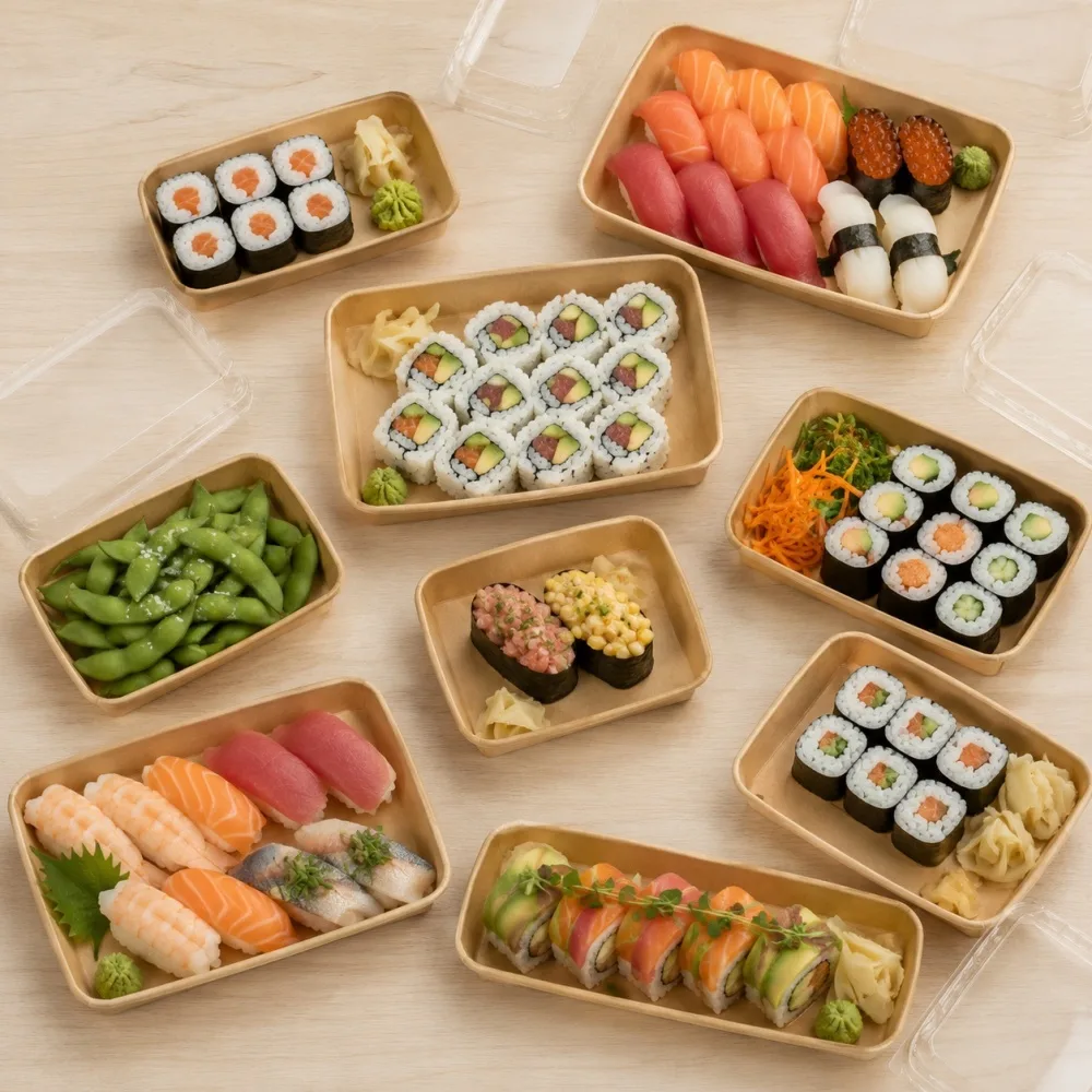 bandeja de sushi desechable con tapa transparente para exhibición en supermercado y envases de comida para llevar
