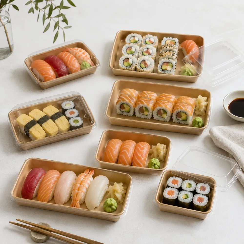 bandeja de sushi de papel kraft para restaurantes, sushi para llevar, rollos y empaque de sashimi