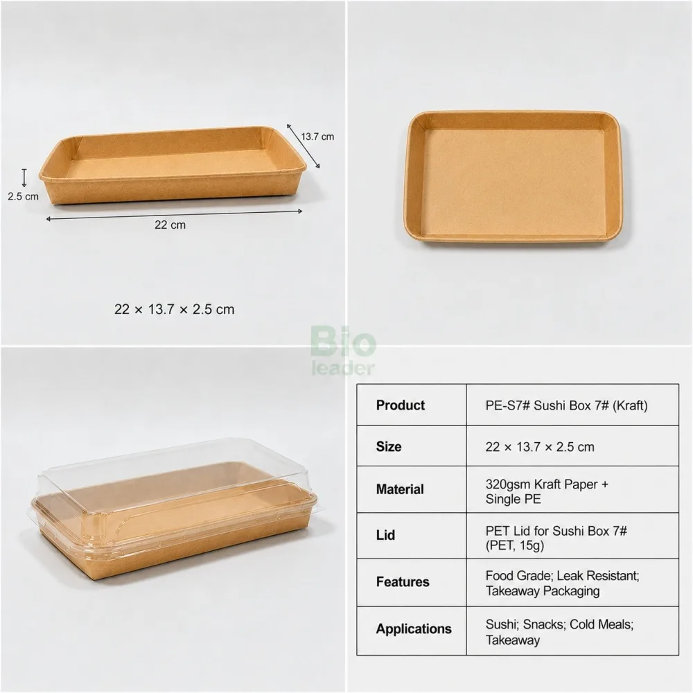 PE-S7 Bandeja de sushi de papel kraft con tapa abovedada PET Bandeja de sushi de papel kraft PE-S7 22 × 13.7 × 2.5 cm con tapa abovedada transparente PET
