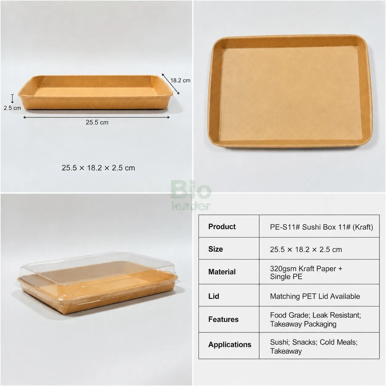 PE-S11 Bandeja de sushi de papel kraft con tapa abovedada PET Bandeja de sushi de papel kraft PE-S11 25.5 × 18.2 × 2.5 cm con tapa abovedada transparente PET