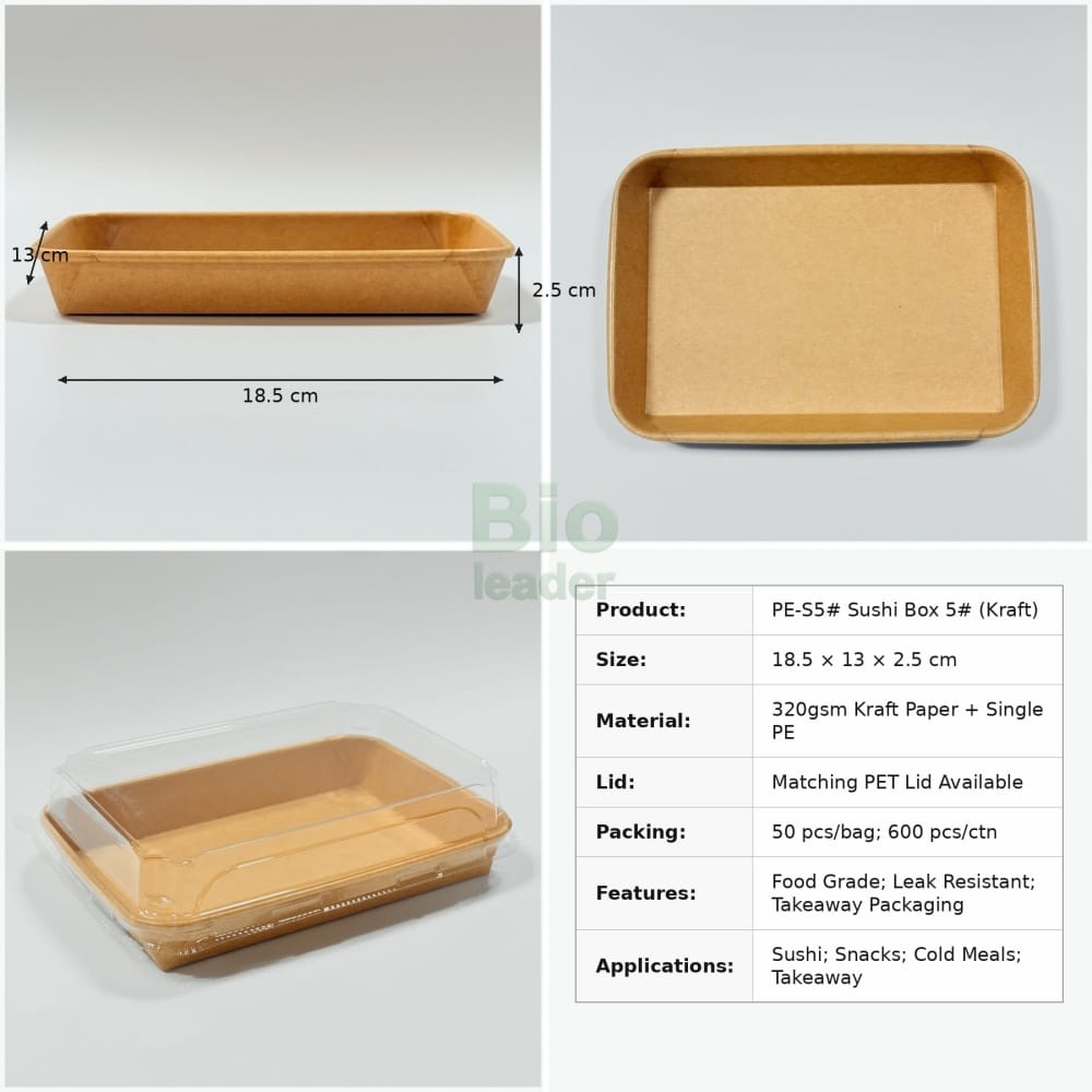 PE-S5 Kraft Paper Sushi Tray with PET Dome Lid PE-S5 kraft paper sushi tray 18.5 × 13 × 2.5 cm with clear PET dome lid