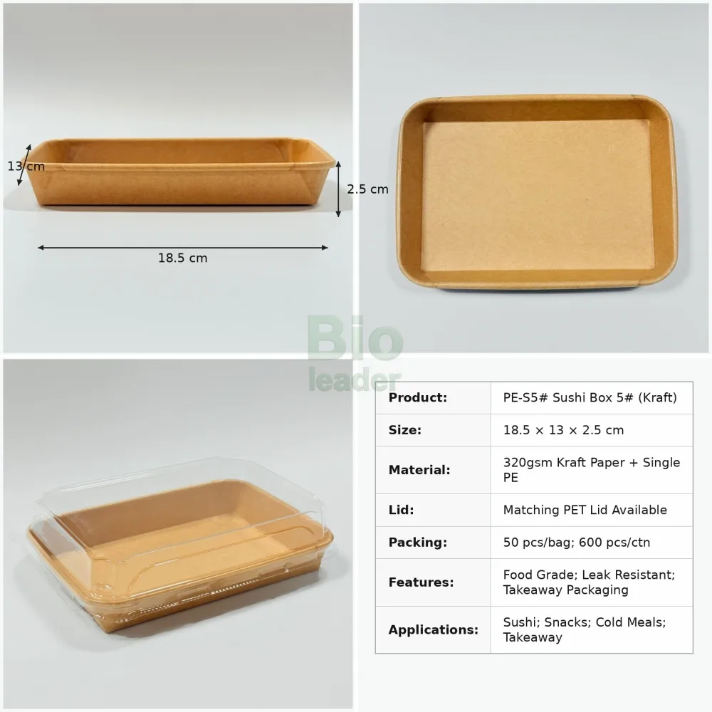 PE-S5 Bandeja de sushi de papel kraft con tapa abovedada PET Bandeja de sushi de papel kraft PE-S5 18.5 × 13 × 2.5 cm con tapa abovedada transparente PET