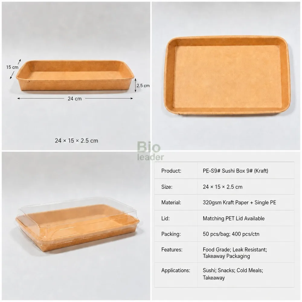 PE-S9 Bandeja de sushi de papel kraft con tapa abovedada PET Bandeja de sushi de papel kraft PE-S9 24 × 15 × 2.5 cm con tapa abovedada transparente PET