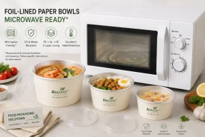 Aluminum foil-lined paper bowls beside a white microwave, showing microwave safety considerations for PP, paper and PET lids
