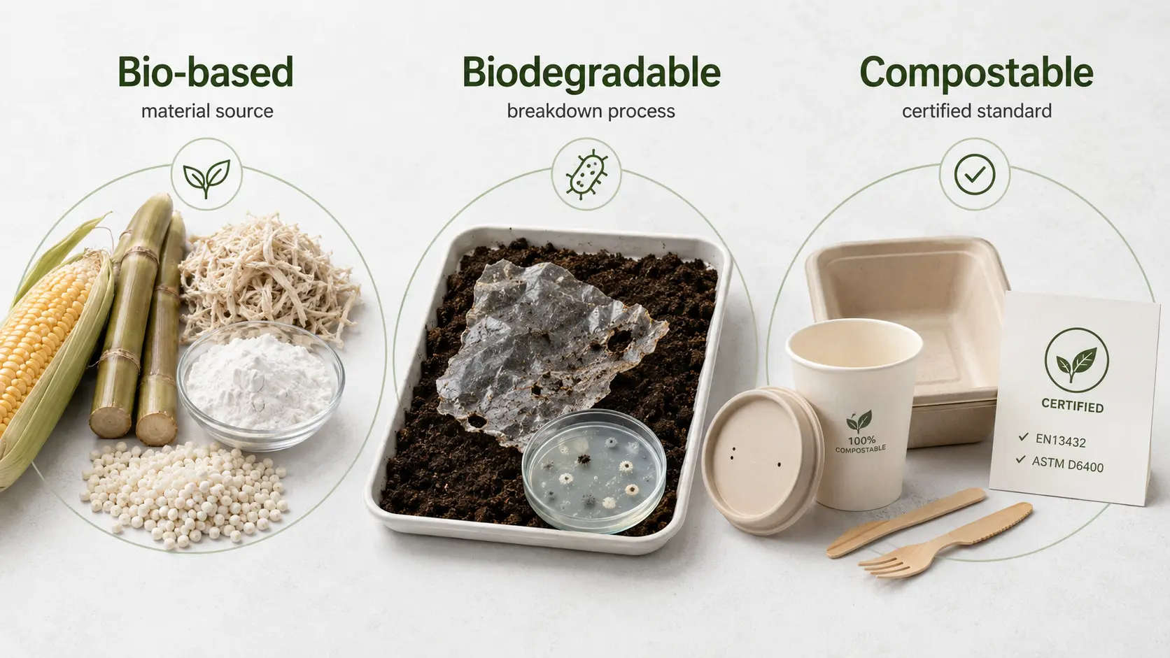 Comparison of bio-based, biodegradable and compostable claims for bioplastic food packaging buyers