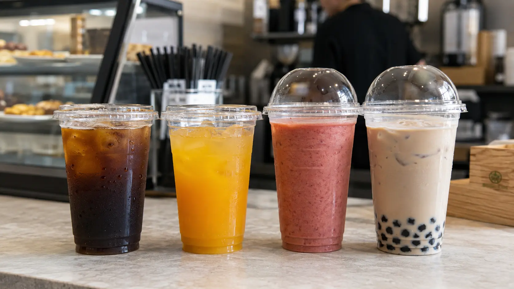 Compostable PLA clear cups with lids for cold drinks, juice, smoothies and iced coffee foodservice packaging