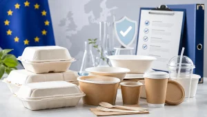 Guida UE PPWR 2026 per imballaggi per il foodservice che mostra contenitori takeaway compostabili, imballaggi in bagassa, bicchieri di carta e documentazione di conformità