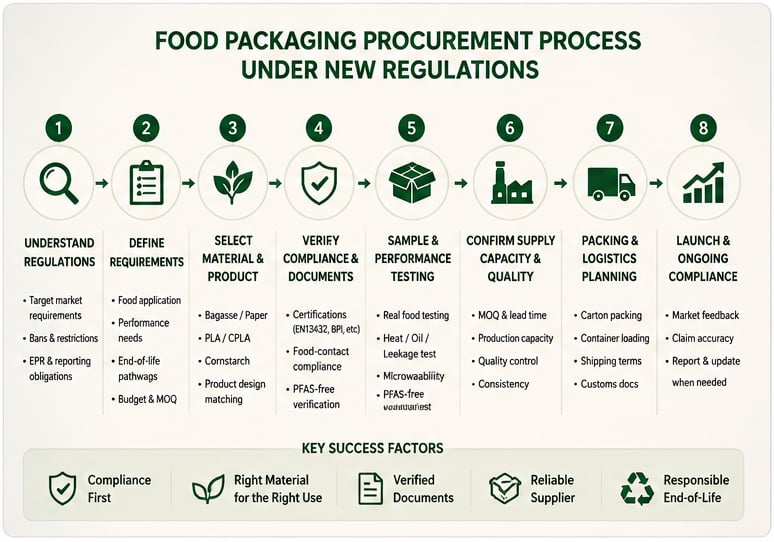 Food packaging procurement process flowchart showing 8 steps from regulation understanding to compliance and market launch
