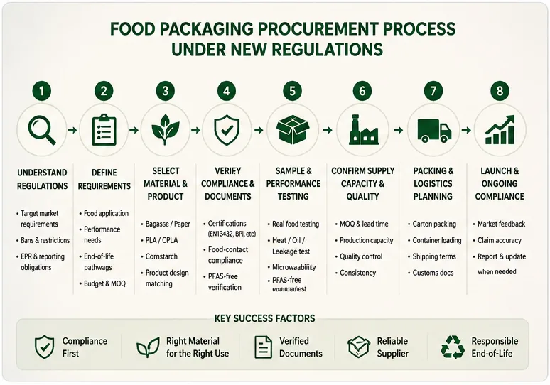 Fluxograma do processo de aquisição de embalagens alimentares mostrando 8 etapas, desde a compreensão dos regulamentos até à conformidade e lançamento no mercado