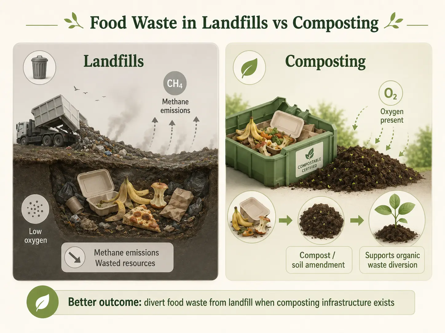 Food Waste in Landfills vs Composting Food waste in landfills can generate methane while composting supports organic waste diversion
