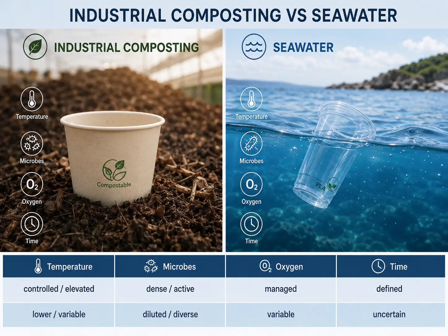 Industrial composting versus seawater comparison showing temperature, microbes, oxygen and time differences for biodegradable packaging degradation