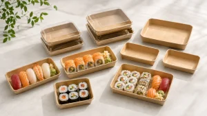 Tabuleiros de sushi em papel kraft com tampas transparentes PET em diferentes tamanhos para embalagens de sushi takeaway e aplicações de serviço alimentar