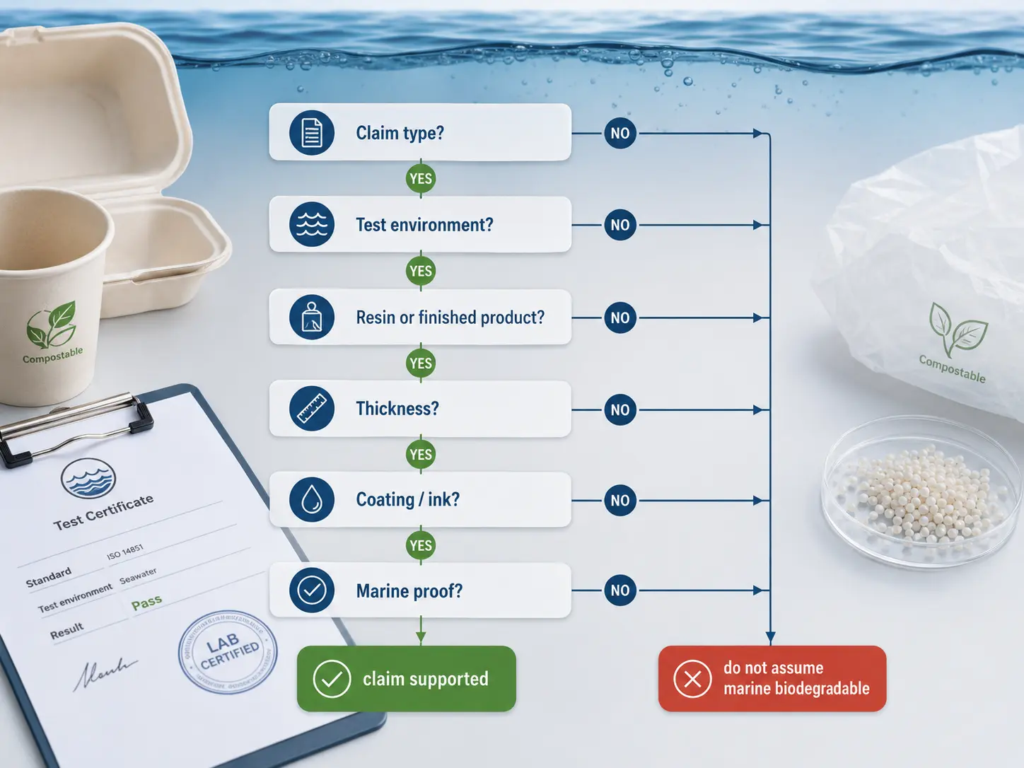 Buyer verification flowchart for checking marine biodegradability claims, test environment, finished product evidence, thickness, coating and marine proof