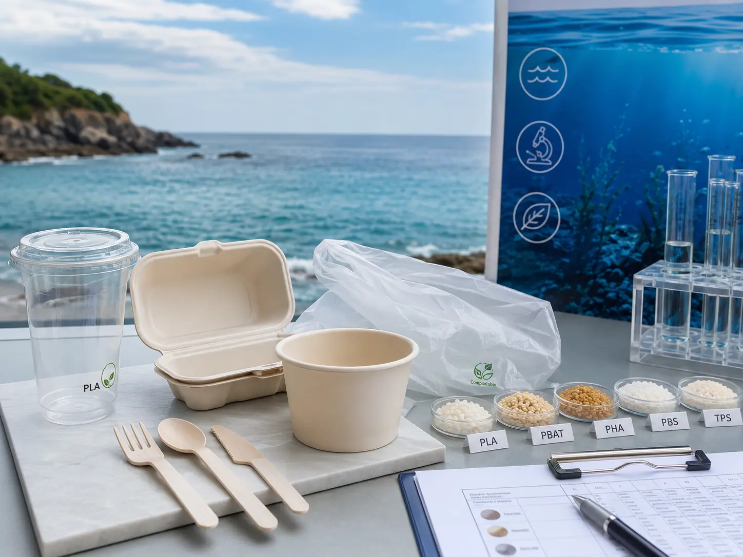 Biodegradable food packaging including PLA cup, bagasse container, paper bowl, flexible film and bioplastic pellets evaluated for marine biodegradability in seawater