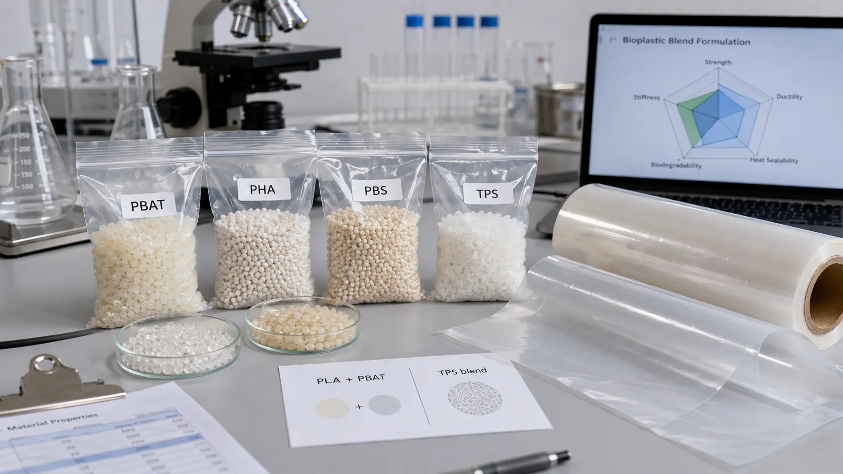 PBAT, PHA, PBS and TPS bioplastic resin pellets and flexible film blends for biodegradable food packaging