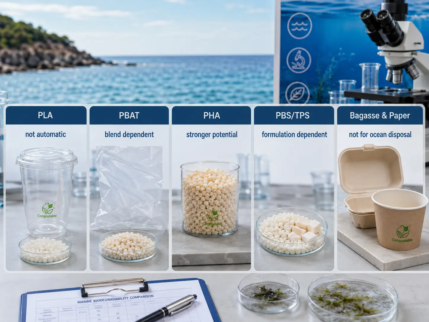 Marine biodegradation comparison of PLA, PBAT, PHA, PBS, TPS, bagasse and paper food packaging materials
