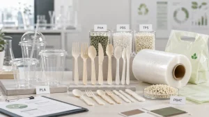 Carte des matériaux bioplastiques PLA, PHA, PBAT, PBS et TPS avec gobelets PLA, couverts CPLA et applications d'emballages alimentaires biodégradables