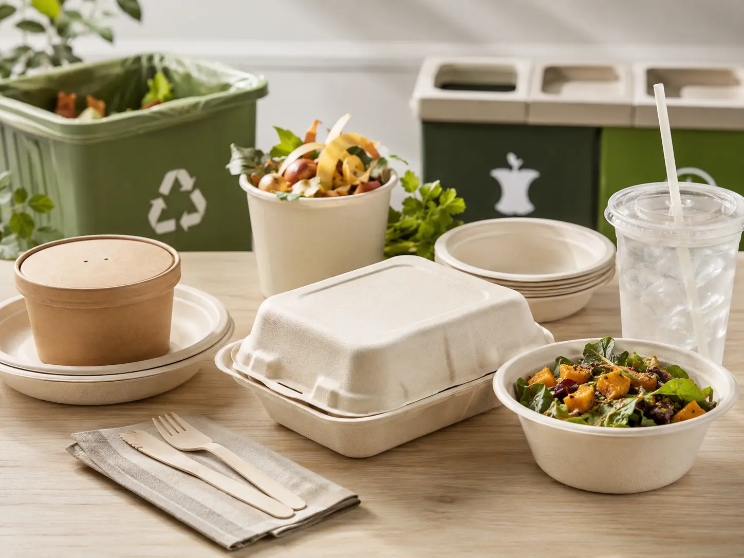 Reduce Reuse Recycle Foodservice Packaging Reduce reuse recycle foodservice packaging with compostable bowls, bagasse containers, PLA cup and organic waste sorting