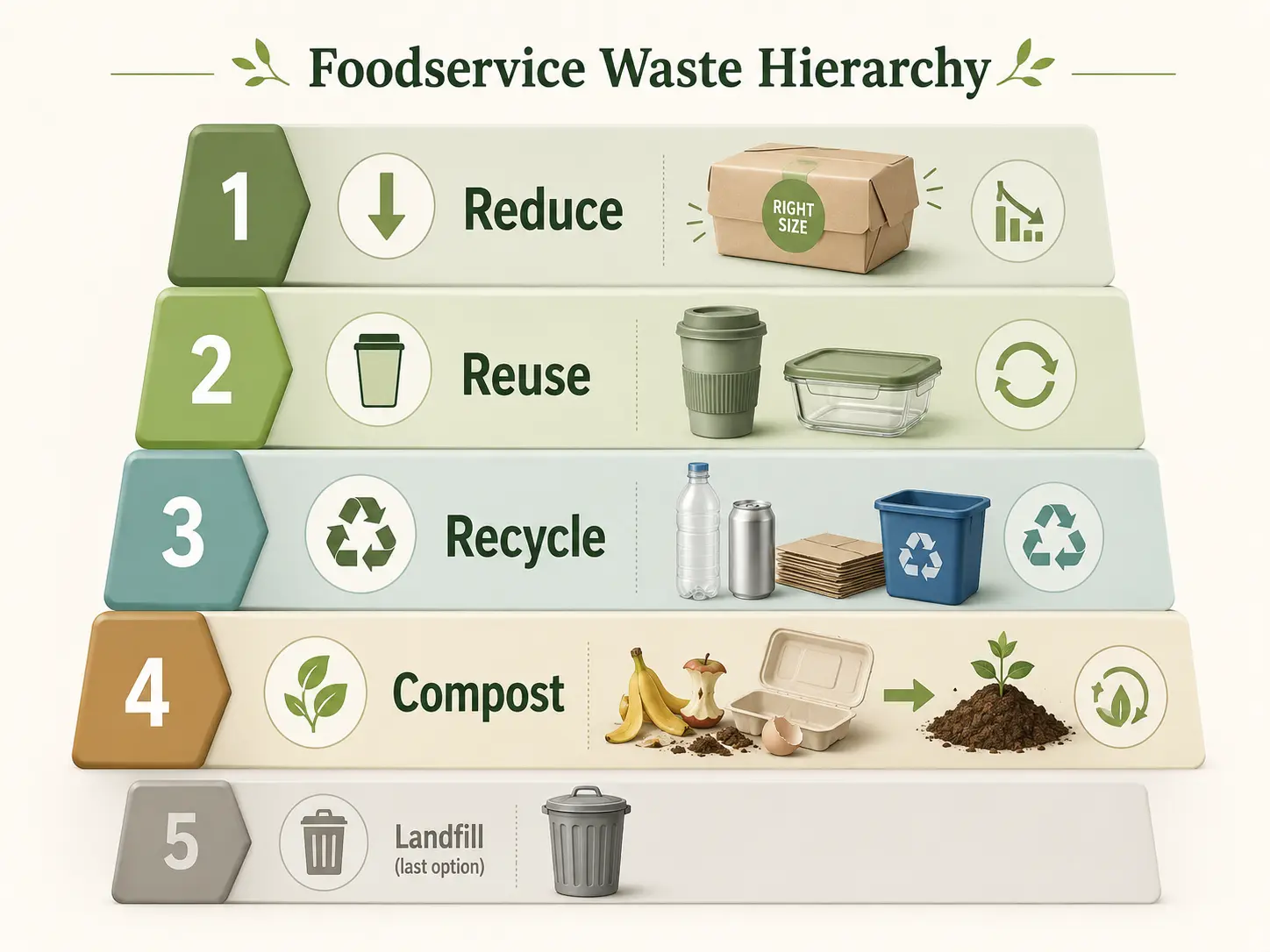 Reduce Reuse Recycle Waste Hierarchy for Foodservice Reduce reuse recycle waste hierarchy for restaurants takeaway brands and foodservice packaging buyers