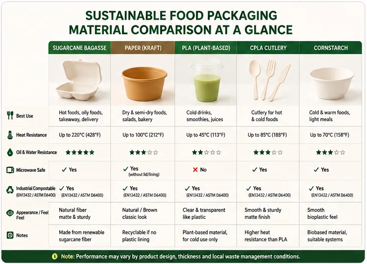 Tabela comparativa de materiais de embalagem alimentar sustentáveis mostrando o desempenho de bagaço, papel, PLA, talheres CPLA e amido de milho