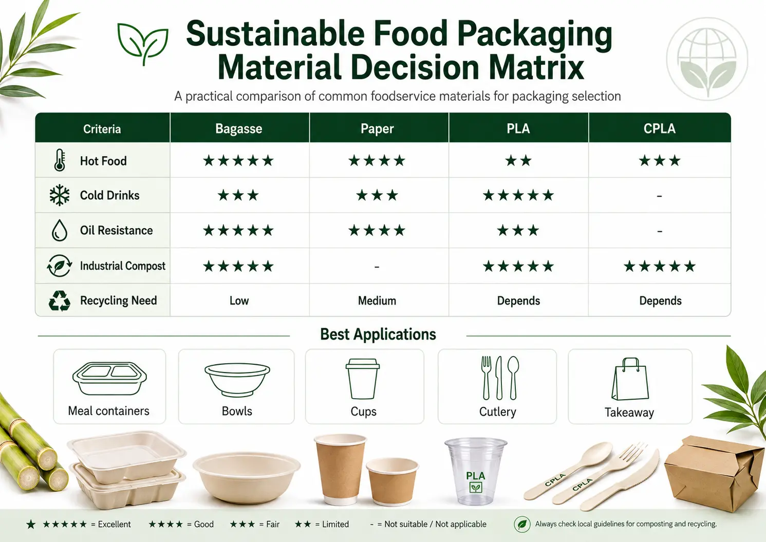 Sustainable food packaging material decision matrix comparing bagasse paper PLA and CPLA options for foodservice applications