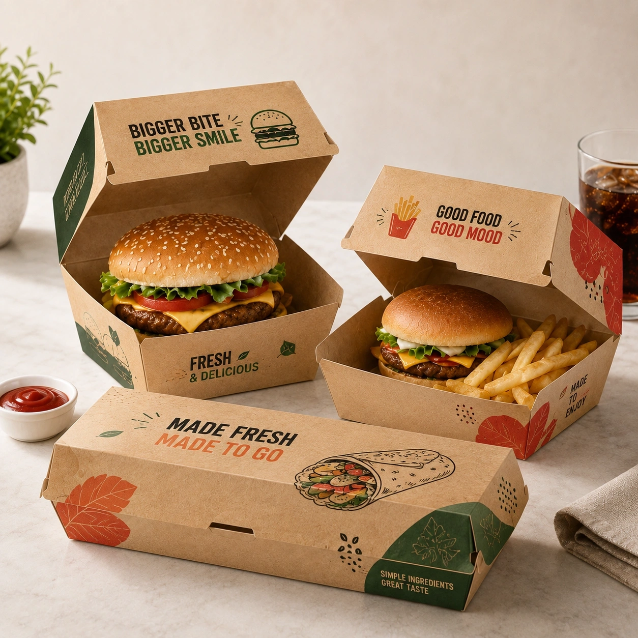 Fabricant en gros de boîtes à hamburger en papier kraft et blanc personnalisées Présentation du produit du fabricant en gros de boîtes à burger en papier kraft et blanc personnalisées