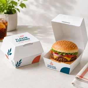 Boîte à burger en papier blanc pour burgers, frites et emballage de livraison de nourriture