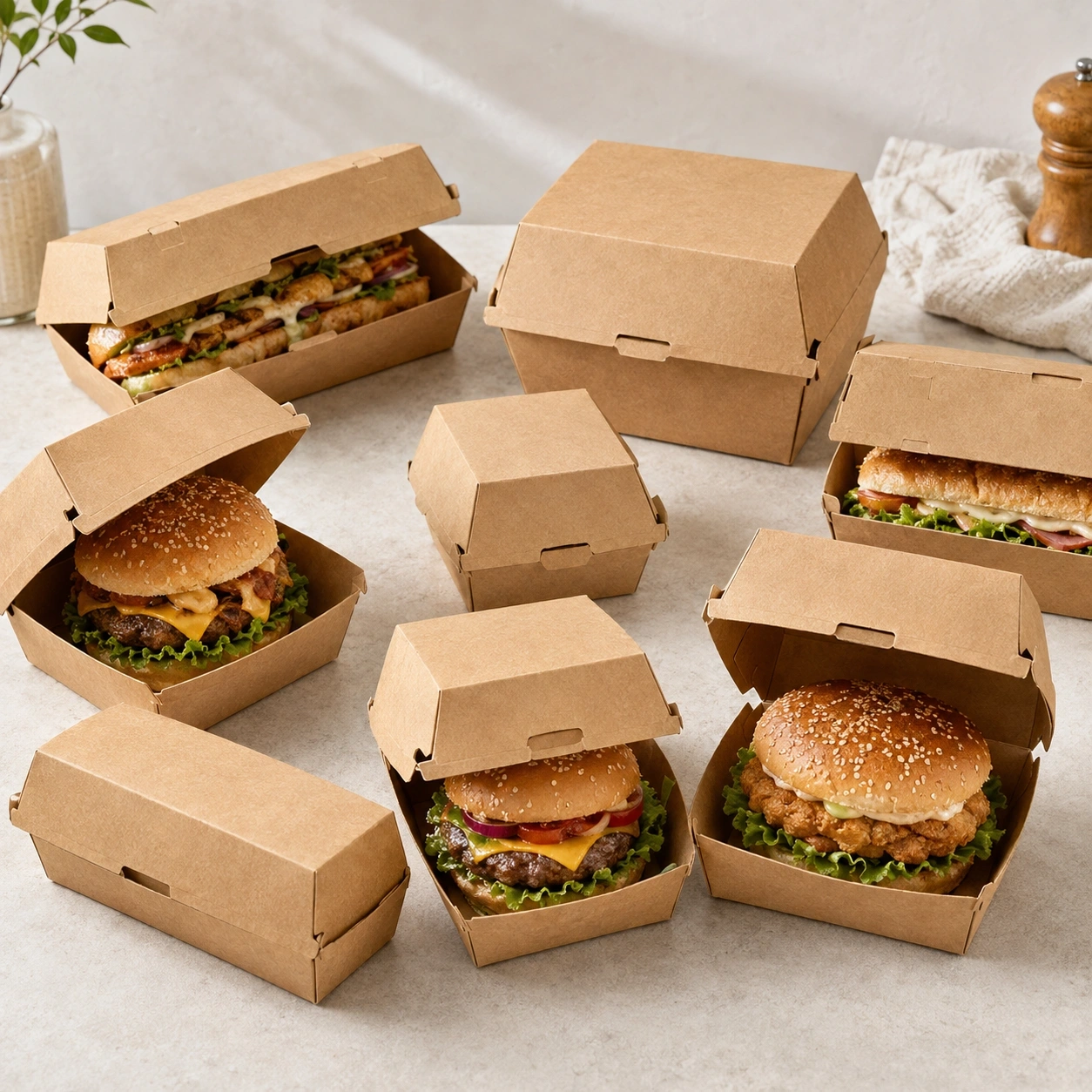 Boîtes à burger en papier blanc personnalisées avec impression Boîtes à burger en papier blanc personnalisées avec impression de marque pour emballage alimentaire à emporter