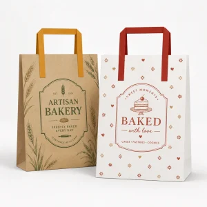 Sacs alimentaires en papier personnalisés avec poignées plates en papier pour les restaurants à emporter et le ramassage de livraison de nourriture
