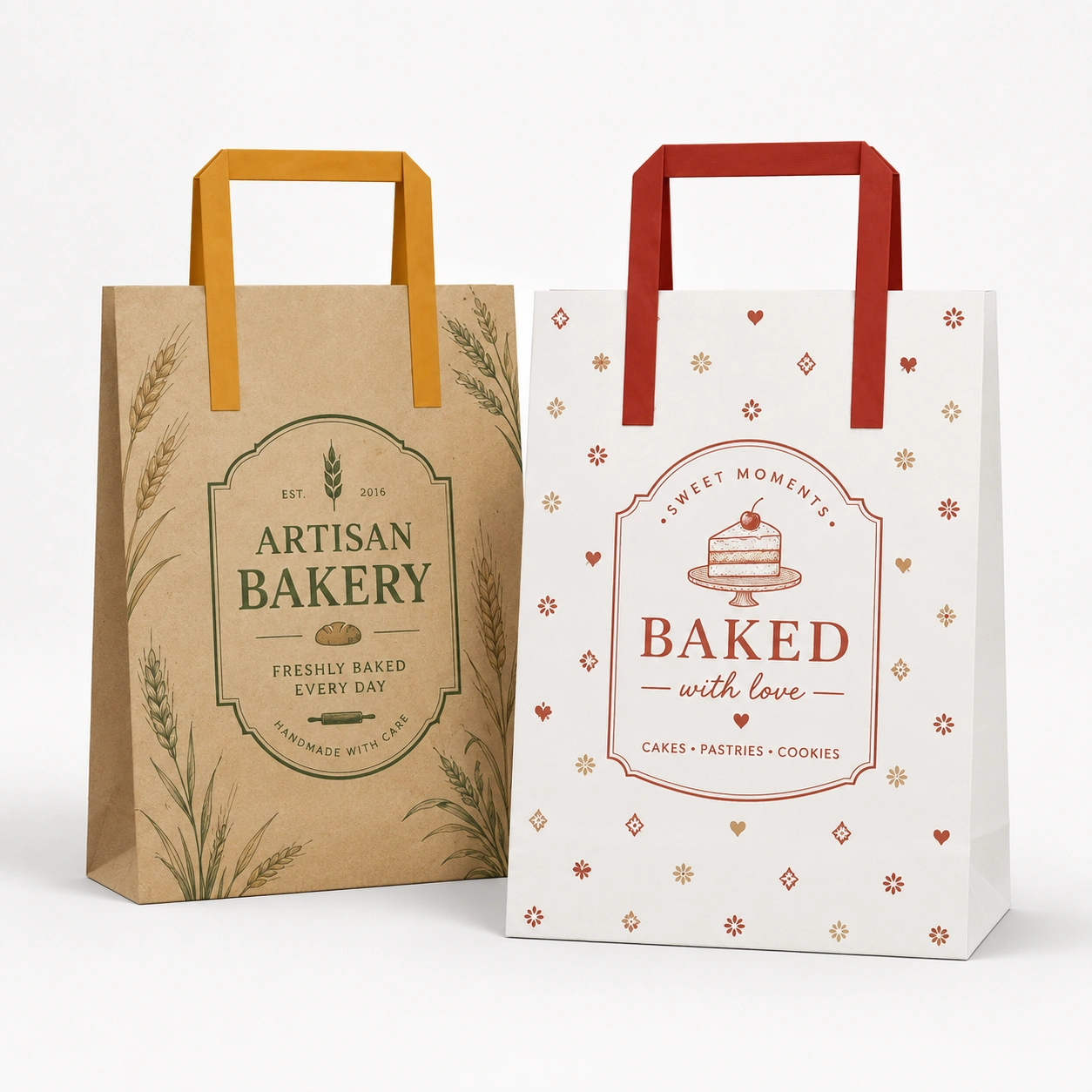 Sacs en papier personnalisés avec poignées plates en papier Sacs alimentaires en papier personnalisés avec poignées plates en papier pour les restaurants à emporter et le ramassage de livraison de nourriture