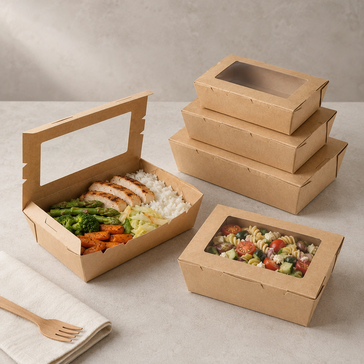 Boîte alimentaire en papier kraft avec fenêtre utilisée pour les plats à emporter et les aliments à emporter