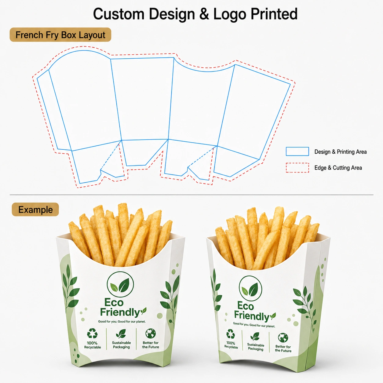 Impression de logo personnalisé sur gobelets à frites Impression de logo personnalisé sur gobelets à frites en kraft et en papier blanc