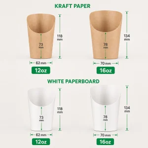 Gobelets à frites en papier personnalisés en plusieurs tailles, formes et styles pour la restauration