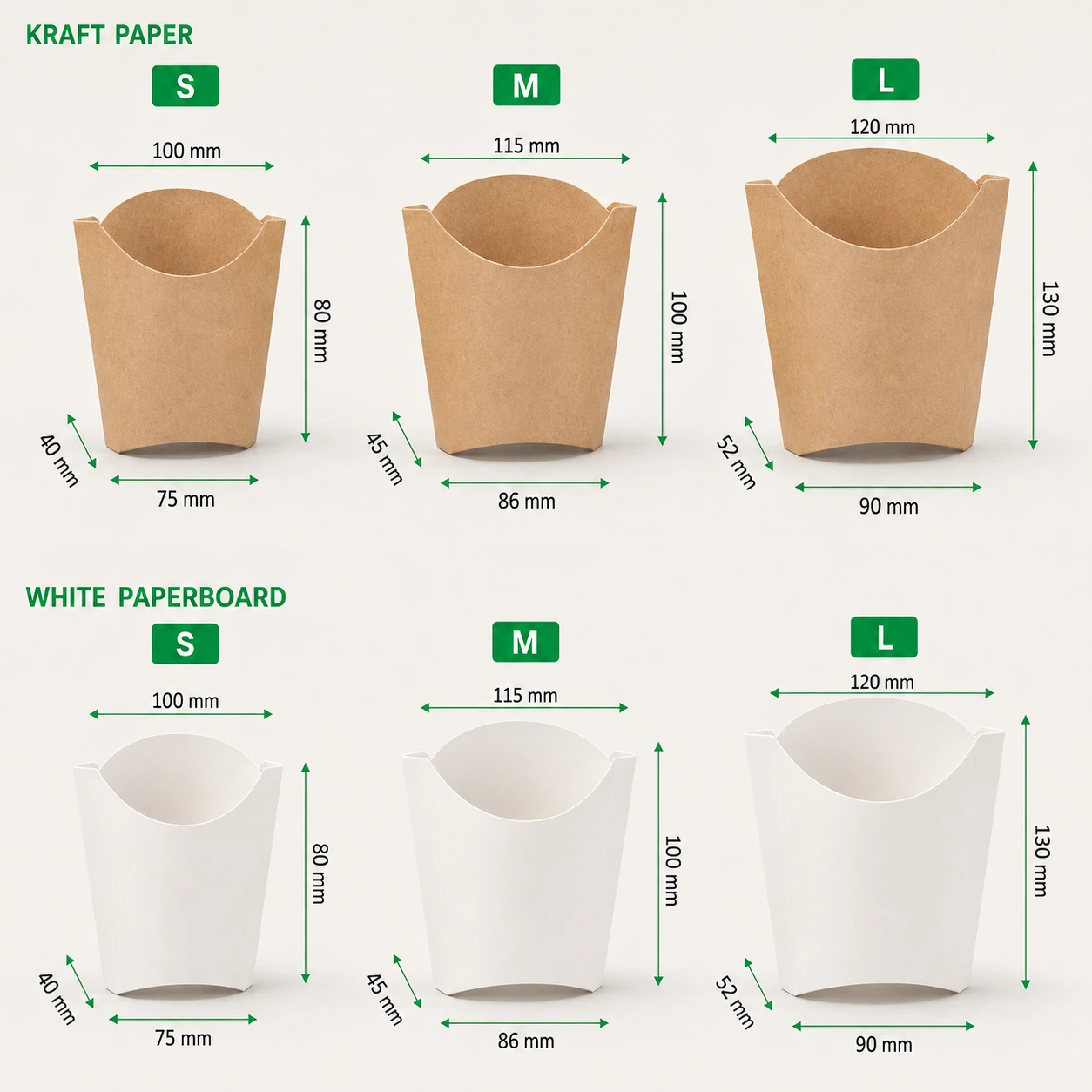 Tailles et styles personnalisés de gobelets à frites Gobelets à frites en papier personnalisés en plusieurs tailles, formes et styles pour la restauration