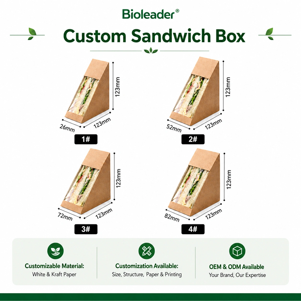 Tailles, styles et impression de boîtes à sandwich personnalisées Boîtes à sandwich en papier personnalisées avec fenêtre en différentes tailles, styles et designs imprimés
