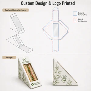 Boîtes à sandwich en papier imprimées personnalisées avec fenêtre et branding par logo