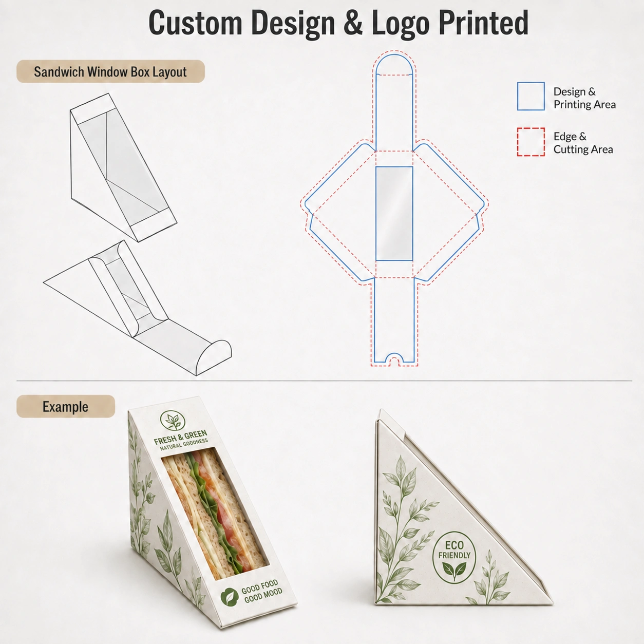 Boîtes à sandwich imprimées personnalisées avec fenêtre Impression de logo personnalisée sur boîtes à sandwich en kraft et en papier blanc avec fenêtre