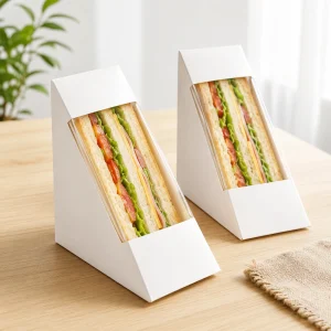 Boîte à sandwich en papier triangulaire avec fenêtre transparente pour café, charcuterie et aliments à emporter