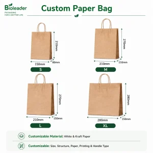 Sacs alimentaires en papier imprimés personnalisés avec différentes tailles, styles de poignées et designs de logos