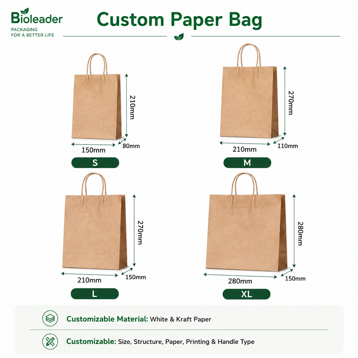 Tailles, poignées et impression personnalisées pour sacs alimentaires en papier Sacs alimentaires en papier imprimés personnalisés avec différentes tailles, styles de poignées et designs de logos