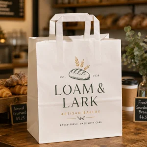 Sacs alimentaires en papier personnalisés avec poignées plates en papier pour les restaurants à emporter et le ramassage de livraison de nourriture
