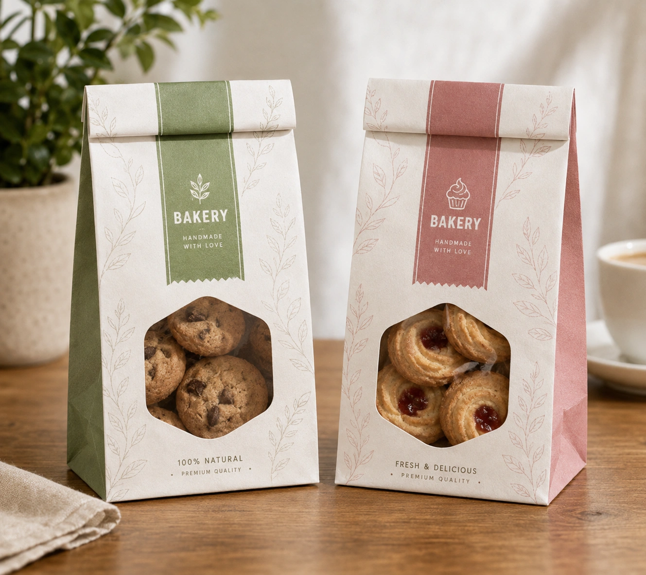 Custom printed kraft paper bakery bags for bread pastries and takeaway packaging