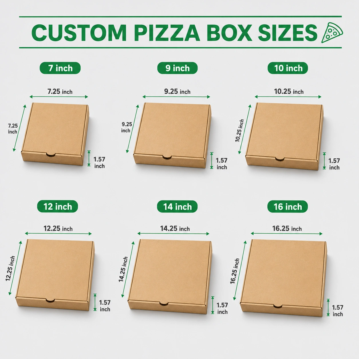 Tailles de boîtes à pizza personnalisées et styles ondulés Boîtes à pizza personnalisées en plusieurs tailles et styles de carton ondulé
