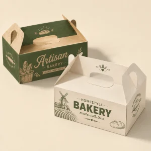 Boîte alimentaire à anse imprimée personnalisée avec logo pour la restauration à emporter et l'emballage de boulangerie