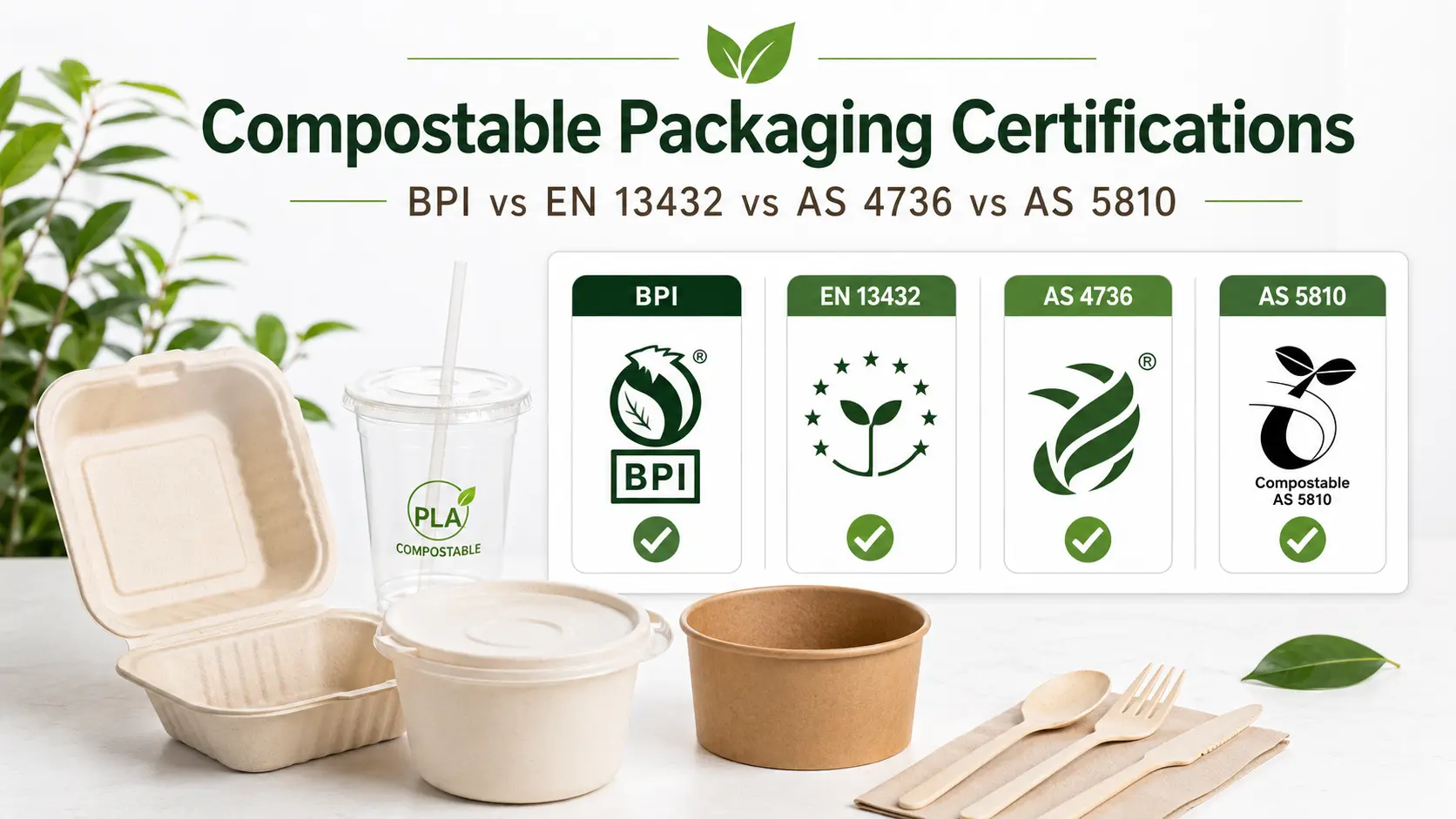 Comparação de certificações de embalagens compostáveis de BPI, EN 13432, AS 4736 e AS 5810 para compradores de embalagens alimentares