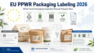 Requisitos de rotulagem de embalagens PPWR da UE em 2026 para exportadores de embalagens alimentares, incluindo informação de material, códigos QR de triagem e alegações de compostabilidade