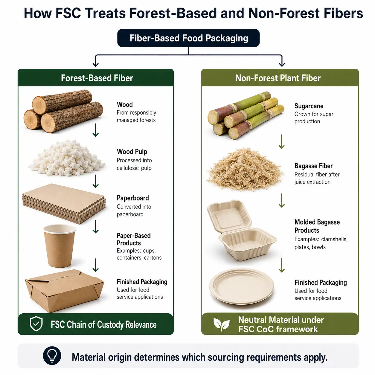 FSC material classification showing sugarcane bagasse as non-forest agricultural fiber compared with forest-based wood pulp
