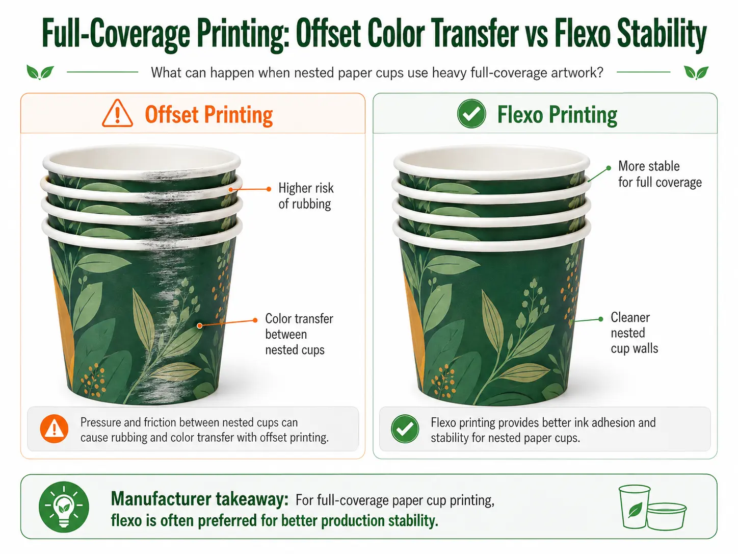 Full-Coverage Paper Cup Printing: Offset Color Transfer vs Flexo Stability Full-coverage paper cup printing comparison showing offset color transfer between nested cups versus stable flexo printing