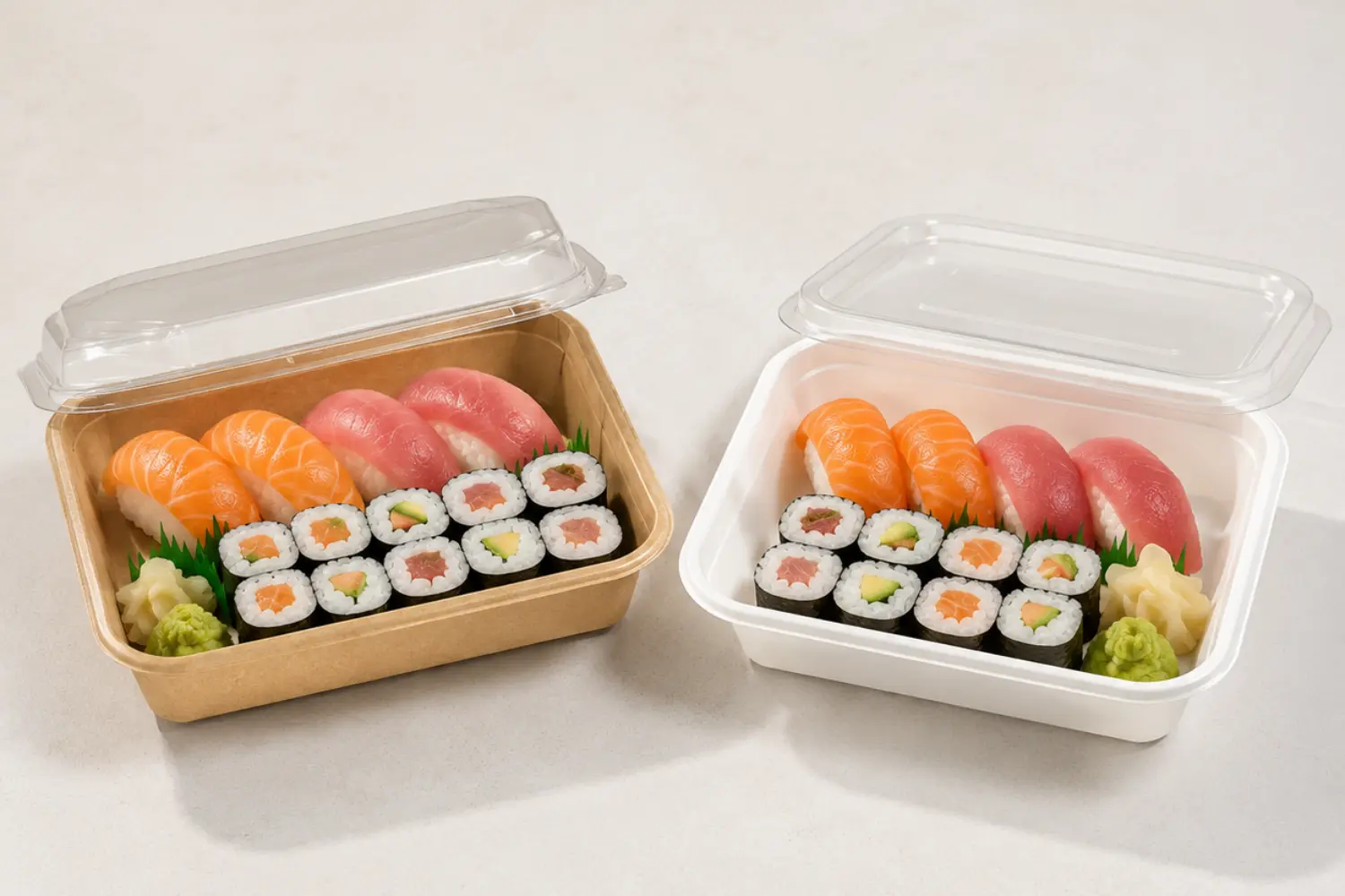 Kraft paper sushi tray with clear lid compared with bagasse sushi tray for takeaway and supermarket food packaging