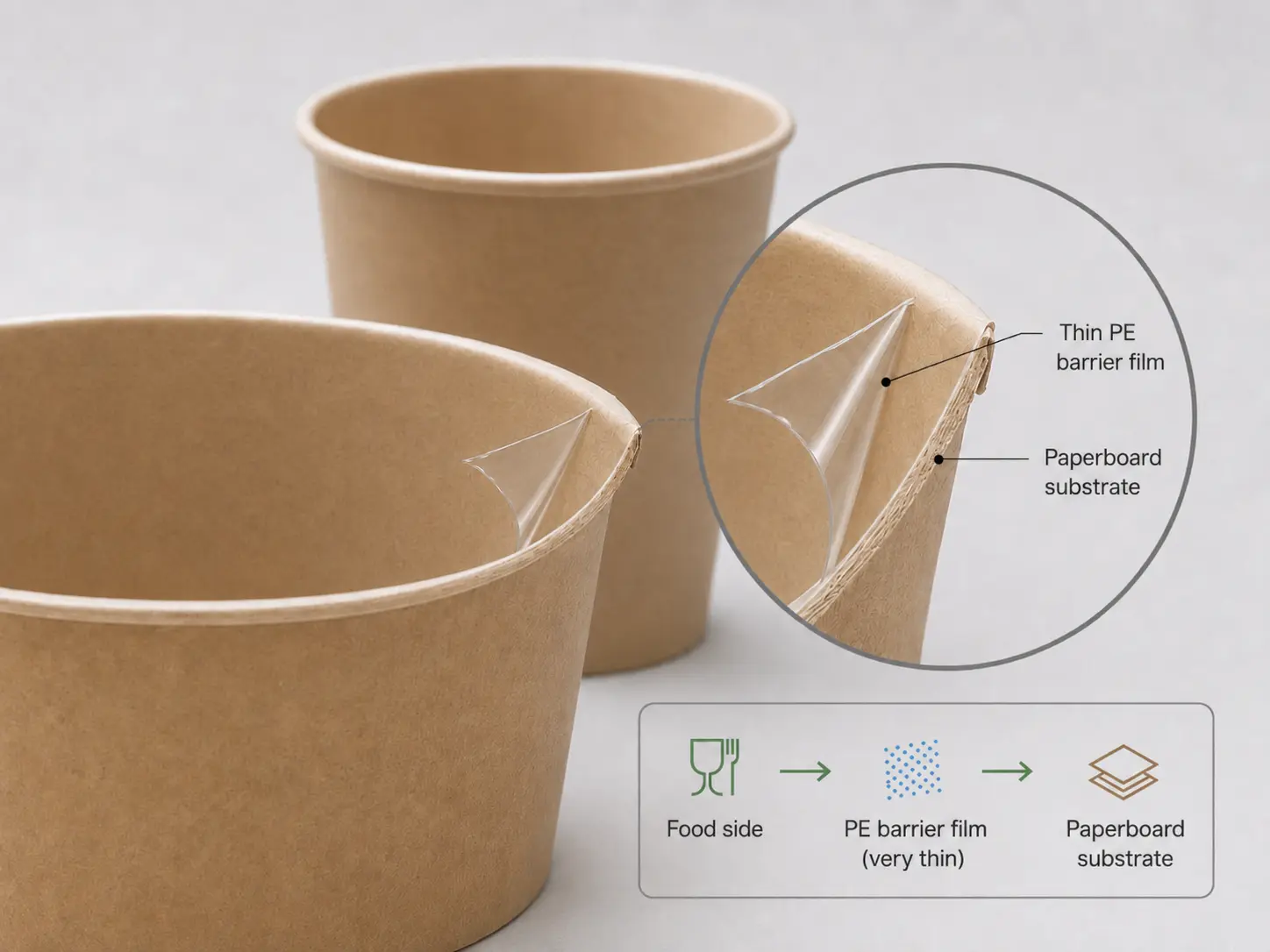Film barrière fin et transparent en PE décollé de la surface en carton kraft d’un bol en papier